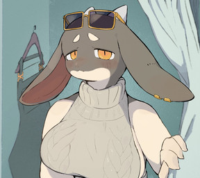 4_fingers anthro apron big_breasts blush blush_lines breasts claws closed_frown clothes_hanger clothing curtains detailed_background ear_piercing ear_ring eyebrows eyewear eyewear_on_head female finger_claws fingers floppy_ears frown green_apron green_clothing grey_body grey_clothing grey_sweater grey_topwear hairless half-closed_eyes hanging_clothing horn kemono looking_at_viewer mouth_closed multicolored_body narrowed_eyes non-mammal_breasts orange_eyes piercing ring_piercing side_boob sleeveless_clothing sleeveless_sweater snout solo sunglasses sunglasses_on_head sweater tan_body topwear wearing_sunglasses white_eyebrows sme4 mythology latte_(sme4) dragon mythological_creature mythological_scalie scalie 2026 alternate_version_at_paywall half-length_portrait hi_res portrait preview