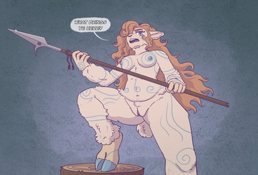 anthro blue_eyes blue_markings blue_nipples brown_hair cloven_hooves dialogue female front_view fur genitals hair holding_melee_weapon holding_object holding_polearm holding_spear holding_weapon hooves long_hair markings melee_weapon nipples polearm short_tail solo spear speech_bubble tail text vulva weapon wool_(fur) maebeasheep bovid caprine mammal sheep english_text hi_res