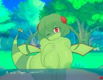 anthro anthrofied big_breasts breasts female leaning leaning_forward looking_at_viewer nipples non-mammal_nipples one_eye_closed pokemorph smile smiling_at_viewer solo tail text text_box wings wink winking_at_viewer mochagato mythology nintendo pokemon dragon flygon generation_3_pokemon mythological_creature mythological_scalie pokemon_(species) scalie absurd_res english_text hi_res