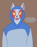 anthro brown_background clothed clothing dialogue front_view homophobic_slur hood hoodie humor looking_at_viewer male open_mouth profanity pun simple_background slur solo standing stated_homosexuality stated_sexuality talking_to_viewer teeth text tongue topwear calypsomw epic_games fortnite nyanja_(fortnite) domestic_cat felid feline felis mammal 2025 english_text hi_res reaction_image