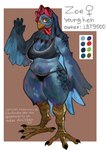 4_fingers 4_toes anthro beak bent_arm big_eyes big_iris biped black_claws black_text blue_body blue_feathers bra breasts claws cleavage closed_smile clothed clothed_anthro clothed_female clothing dark_body dark_feathers extended_arm eyeliner feathers feet female female_anthro female_symbol fingers gender_symbol geometric_background gesture green_eyes heart_symbol iris looking_at_viewer makeup medium_breasts mouth_closed multicolored_bra multicolored_clothing multicolored_panties multicolored_underwear non-mammal_breasts panties pupils red_eyeliner simple_background slightly_chubby slightly_chubby_anthro slightly_chubby_female smile smiling_at_viewer solo straight_legs symbol text text_on_clothing text_on_panties text_on_underwear thick_thighs toe_claws toes two_tone_bra two_tone_clothing two_tone_panties two_tone_underwear underwear waving waving_at_viewer white_text wide_hips yellow_beak lbt9000 zoe_(lbt9000) avian bird chicken galliform gallus_(genus) phasianid 2023 absurd_res artist_name character_name digital_drawing_(artwork) digital_media_(artwork) english_text full-length_portrait hi_res model_sheet portrait