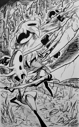 ambiguous_gender anthro arthropod_abdomen biped black_arms black_eyes black_legs fingers group holding_melee_weapon holding_object holding_weapon melee_weapon plant pose skill skull_helmet standing trio weapon sharpski hollow_knight:_silksong hollow_knight_(franchise) inktober team_cherry ant arthropod hymenopteran insect skarr skarr_stalker skarrgard spear_skarr 2025 absurd_res hi_res monochrome