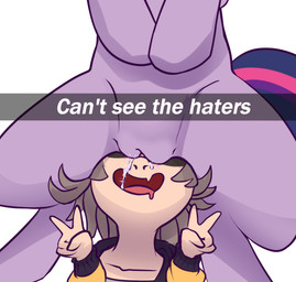 ambiguous_gender bodily_fluids double_v_sign drinking_pussy_juice duo facesitting female feral genital_fluids genitals gesture grey_hair hair hand_gesture light_body light_skin multicolored_hair open_mouth pink_hair purple_body purple_hair purple_skin pussy_juice_in_mouth simple_background sitting sitting_on_another these_aren't_my_glasses v_sign vaginal_fluids vaginal_fluids_on_face vulva barnabybailey can't_see_the_haters friendship_is_magic hasbro my_little_pony vtuber snuffy twilight_sparkle_(mlp) equid human mammal meme