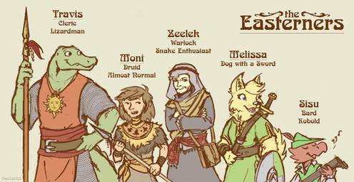 armor bag beard black_hair clothing facial_hair female green_body green_scales group hair hat headgear headwear male melee_weapon polearm red_body red_scales scales shield simple_background spear sword text weapon tamlin123 dungeons_and_dragons hasbro wizards_of_the_coast canid canine canis domestic_dog human kobold lizardman mammal reptile scalie english_text