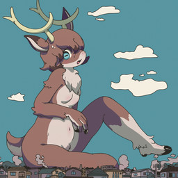 anthro antlers belly black_hooves blue_eyes blue_sky blush bodily_fluids breasts brown_body brown_ear_tips brown_fur city_destruction cloud day destruction dipstick_ears ear_markings featureless_breasts featureless_crotch female fur hooves horn macro macro_female multicolored_ears one_leg_up raised_leg sitting sky small_breasts smoke sweat white_belly white_body white_fur white_inner_ear white_legs white_ruff doover80s deer mammal 1:1 absurd_res hi_res
