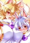 big_breasts blonde_hair blush breasts clothed clothing duo embarrassed female fox_tail hair male unknown_artist izuna_(shinrabanshou) sai_(shinrabanshou) animal_humanoid canid canid_humanoid canine canine_humanoid fox fox_humanoid humanoid mammal mammal_humanoid hi_res mother_(lore) parent_(lore) son_(lore)