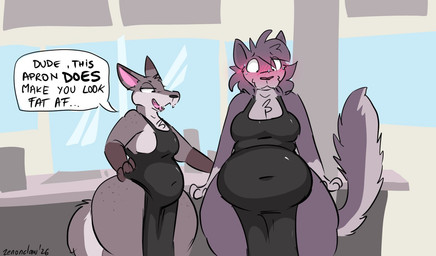ambiguous_gender anthro belly big_belly big_butt blush bodily_fluids butt clothed clothing deep_navel dialogue duo female huge_hips huge_thighs navel overweight overweight_anthro overweight_female skimpy sweat teasing text thick_thighs wide_hips vwyruss zenonclaw zenonclaw_(character) canid canine canis mammal wolf english_text