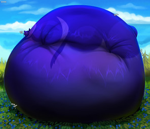 belly belly_expansion berry_juice big_belly blue_body blueberry_(fruit) blueberry_inflation blueberry_juice body_inflation creaking creaking_belly expansion female feral field food fruit huge_belly hyper hyper_belly hyper_inflation immobile inflation juice_(beverage) juice_from_mouth leaking_juice onomatopoeia plant side_view solo sound_effects spherical_inflation text roobin rove_(falloutwolf) canid canine canis mammal wolf 2026 hi_res