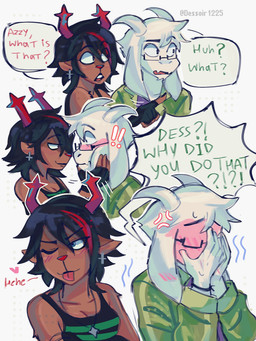 alternative_fashion anthro antlers black_hair blue_eyes blush breasts brown_body brown_fur clothed clothing cross cross_ear_piercing cross_piercing dialogue duo eye_contact eyewear face_squish female fingerless_gloves flustered fully_clothed fur glasses gloves hair handwear horn long_sleeves looking_at_another male male/female philtrum piercing rectangular_glasses red_antlers red_nose shirt smile squish tank_top text tongue tongue_out topwear wearing_glasses white_body white_fur dessoirprinces deltarune undertale undertale_(series) asriel_dreemurr dess_holiday bovid caprine deer goat mammal new_world_deer reindeer 3:4 english_text hi_res