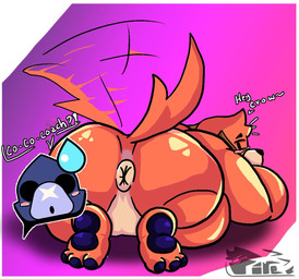 anthro anus backsack balls big_butt butt dialogue fur genitals gradient_background male male/male orange_body orange_fur paws shy simple_background solo tail tail_motion tailwag text fireguardz brawl_stars supercell_(company) crow_(brawl_stars) ruffs_(brawl_stars) avian bird canid canine corvid mammal oscine passerine english_text signature