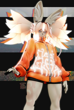 anthro big_ears big_hair black_bottomwear black_clothing black_nails black_shorts bottomwear breasts clothing colored_nails eyebrows female front_view frown glowing glowing_clothing glowing_hair green_eyes hair heart_nose heart_symbol huge_ears huge_hair inner_ear_fluff jacket looking_at_viewer medium_breasts nails orange_clothing orange_jacket orange_topwear pattern_background pigtails shorts simple_background solo striped_background thick_eyebrows tied_hair topwear tuft white_body zipper geodat taiyo_(geodat) lagomorph leporid mammal rabbit 3d_(artwork) absurd_res digital_media_(artwork) hi_res watermark