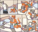 anthro bed bedroom bottomwear bulge butt claws clothing comic_panel duo feet foot_fetish foot_focus foot_lick foot_play fur fur_markings furniture hindpaw laugh leg_grab licking lying male male/male markings on_back on_front one_eye_closed open_mouth orange_body orange_fur pants pawpads paws pillow pounce pounce_pose raised_leg shirtless shirtless_male striped_body striped_fur striped_markings striped_tail stripes tail tail_markings tickle_fetish tickling toe_claws toes tongue underwear window wink wrestling kiwifizz domestic_cat felid feline felis mammal absurd_res comic hi_res