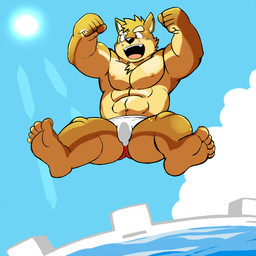 anthro barefoot biped bulge clothed clothing feet jumping kemono male open_mouth outside solo speedo sun swimming_pool swimwear topless water shiba-kenta kenta_shiba_(character) canid canine canis domestic_dog mammal shiba_inu spitz 1:1