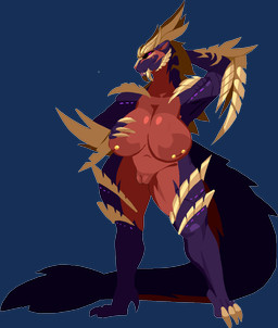 3_claws 4_claws anthro anthrofied areola arms_bent big_breasts biped black_sclera blep blue_eyes breasts claws eyebrows fangs feet female female_anthro finger_claws fingers genitals hand_behind_head hand_on_breast hand_on_own_breast looking_at_viewer multicolored_body nipple_piercing nipples non-mammal_breasts nude nude_anthro nude_female piercing pupils purple_body purple_eyes red_body scales simple_background solo standing stud_piercing tail tan_body tan_scales teeth three-quarter_view toe_claws tongue tongue_out transparent_background vulva dorans_flea capcom monster_hunter fanged_wyvern magnamalo 2025 aliasing alpha_channel binary_drawing cel_shading digital_drawing_(artwork) digital_media_(artwork) full-length_portrait hi_res portrait shaded