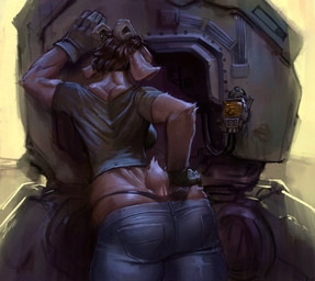 anthro big_butt bottomwear breasts brown_body brown_fur brown_hair butt clothed clothed_female clothing crop_top curved_horn denim denim_bottomwear denim_clothing dock_(anatomy) female fur gloves hair hand_on_hip handwear horn jeans machine pants rear_view shirt short_tail solo t-shirt tail thong thong_straps topwear underwear whale_tail_(fashion) mixnmatt amber_(mixnmatt) bovid caprine goat mammal hi_res