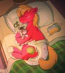 ageplay baby_bottle bed blonde_hair clothed clothing cutie_mark diaper diaper_fetish diaper_only feral freckles fur furniture hair infantilism male on_bed pacifier pillow quadruped red_body red_fur roleplay sleeping solo topless wearing_diaper bubblepuppers friendship_is_magic hasbro my_little_pony big_macintosh_(mlp) smartypants_(mlp) earth_pony equid equine horse mammal pony hi_res