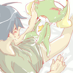 anthro bed black_hair blonde_hair blush bodily_fluids bottomless clothed clothing cowgirl_position cum drooling duo eyes_closed female from_front_position furniture genital_fluids green_body hair human_on_anthro interspecies larger_male male male/female on_bottom on_top open_mouth saliva sex size_difference smaller_female straddling tears unknown_artist sgt._frog fuyuki fuyuki_hinata keroro alien amphibian human keronian mammal 1:1 low_res