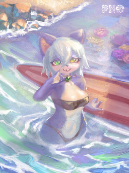 5_fingers anthro bangs biped black_clothing black_nose black_swimwear blue_body blue_fur breasts claws clothed clothed_anthro clothed_female clothing collarbone countershade_face countershade_fur countershade_torso countershading eyelashes eyeshadow female female_anthro finger_claws fingers fur gem glistening glistening_breasts glistening_eyes green_eyes green_gem hair heterochromia high-angle_view logo looking_at_viewer makeup medium_breasts medium_hair neckwear parted_bangs partially_submerged pointy_ears prick_ears purple_eyeshadow red_eyeshadow slim_anthro slim_female smile smiling_at_viewer solo standing standing_in_water surfboard swimwear teeth_showing text two-piece_swimsuit water wave white_body white_countershading white_hair yellow_eyes pholewd mammal rodent 2024 3:4 absurd_res artist_logo chinese_description digital_media_(artwork) digital_painting_(artwork) english_text hi_res painting_(artwork) portrait shaded soft_shading three-quarter_portrait