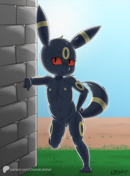 anthro anthrofied arm_markings biped black_body black_fur circle_(marking) claws day ear_markings eyebrows eyelashes female flat_chested forehead_gem front_view fur gem genitals grass humanoid_genitalia humanoid_vulva leaning_on_wall leg_markings markings nipples nude on_one_leg outside plant pokemorph red_sclera solo standing tail tail_markings text thigh_markings toe_claws vulva yellow_markings young young_anthro young_female ultama_lokshar nintendo pokemon eeveelution generation_2_pokemon pokemon_(species) umbreon 2026 hi_res url