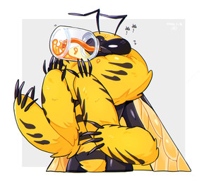 4_arms 5_fingers antennae_(anatomy) anthro black_body black_exoskeleton compound_eyes drinking exoskeleton fingers fluffy food fur honey_(food) insect_wings long_tongue male multi_arm multi_limb solo text tongue wings yellow_body yellow_fur sannota272 arthropod bee hymenopteran insect 2023 dated hi_res japanese_text