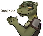 4_fingers anthro armor countershading female female_anthro fingers green_body green_scales green_skin humor looking_at_viewer narrowed_eyes pauldron pupils scales simple_background slit_pupils solo text white_background yellow_sclera ncs bethesda_game_studios deez_nuts microsoft skyrim the_elder_scrolls deeja argonian scalie 2022 digital_media_(artwork) hi_res meme reaction_image