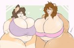 anthro big_breasts breasts cleavage clothed clothing duo eyelashes fangs female female/female genitals huge_breasts hyper hyper_breasts looking_at_viewer navel overweight pajamas pussy smile teeth thick_thighs tight_clothing swolptr felid lagomorph leporid lion mammal pantherine rabbit hi_res