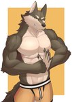 abs anthro boxer_briefs clothed clothing fist_in_palm fur grey_body grey_fur male pecs simple_background solo tan_body tan_fur topless topless_anthro topless_male underwear yellow_background yellow_boxer_briefs yellow_clothing yellow_eyes yellow_underwear kiramofu canid canine canis mammal wolf 2022 digital_drawing_(artwork) digital_media_(artwork) hi_res