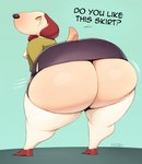 anthro big_butt bottom_heavy bottomwear butt clothing curvy_figure dialogue eyes_closed female huge_butt huge_thighs hyper hyper_butt legwear mature_female presenting presenting_hindquarters question question_mark rear_view skirt smile solo stockings text thick_thighs thigh_highs tight_bottomwear tight_clothing tight_skirt underbutt wide_hips kkoart ms._heavybottom canid canine canis domestic_dog mammal 2022 digital_media_(artwork) english_text