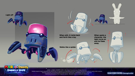 ambiguous_feral ambiguous_gender beady_eyes blue_body blue_eyes copyright_symbol directional_arrow dirty dust_cloud featureless_legs feral gradient_background grey_background height_comparison light machine metallic_body mouthless multicolored_body noseless not_furry_focus quadruped simple_background solo symbol t-pose text walking white_body year giacomo_boni mario_plus_rabbids_sparks_of_hope nintendo raving_rabbids rayman_(series) ubisoft arachnid arthropod lagomorph mammal rabbid robot 16:9 2023 4k absurd_res adobe_photoshop_(artwork) artist_name colored concept_art crossover digital_drawing_(artwork) digital_media_(artwork) english_description english_text hi_res lighting official_art procreate_(artwork) shaded widescreen