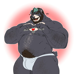 anthro arm_hair beard belly biceps black_body black_fur body_hair brown_hair chest_markings clothing facial_hair fur gesture hair heart_gesture heart_symbol highlights_(coloring) jockstrap male markings muscular muscular_anthro muscular_male mustache navel one_eye_closed pecs pubes small_tail solo tail teal_highlights text underwear white_body white_clothing white_fur white_jockstrap white_underwear wink meloncookie_24 huge_(hugothecorgo) bear black_bear mammal moon_bear ursine 1:1 2026 hi_res korean_text