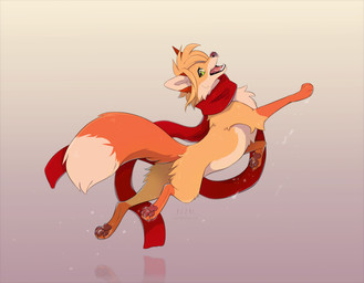 brown_nose cheek_tuft chest_tuft dipstick_tail facial_tuft fangs female feral feral_with_hair fur green_eyes hair jumping looking_back markings mostly_nude open_mouth open_smile orange_body orange_fur pawpads red_pawpads red_scarf scarf scarf_only short_hair simple_background smile solo tail tail_markings tan_body tan_fur teeth tuft azzai canid canine fox mammal 2017 cel_shading colored digital_drawing_(artwork) digital_media_(artwork) shaded