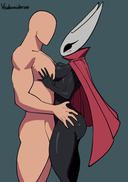 2_horns 5_fingers biped black_body black_eyes black_text breasts butt clothing duo eyelashes faceless_character faceless_male female fingers hand_on_chest hand_on_hip horn male male/female male_human nude side_view standing text voider_(artist) hollow_knight_(franchise) team_cherry hornet_(hollow_knight) arthropod human mammal 2025 absurd_res artist_name english_text hi_res