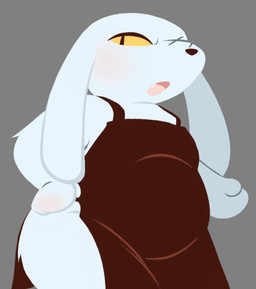 anthro belly black_clothing black_dress black_eyes black_nose blush clothed clothing crossdressing dress exposed_thighs facial_scar fangs floppy_ears fur grey_background half-closed_eyes hand_on_hip male narrowed_eyes open_mouth overweight overweight_anthro overweight_male pupils scar simple_background slit_pupils snout solo teeth thick_thighs three-quarter_view white_body white_fur wide_hipped_anthro wide_hipped_male x_scar yellow_sclera oofmasterxd cave_story king_(cave_story) lagomorph mammal mimiga 2026 portrait three-quarter_portrait