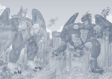 4_toes 5_fingers abs anthro balls beak biceps biped bodily_fluids building building_destruction building_penetrated building_sex city city_background city_crushing city_destruction cityscape claws cum destruction detailed_background duo erection feathered_wings feathers feet finger_claws fingers genital_fluids genitals humanoid_genitalia humanoid_penis landscape_dwarfing macro macro_anthro macro_male male muscular muscular_anthro muscular_male nude outside paws pecs penis precum rampage sitting_on_building sky smile stomping tail toe_claws toes vehicle wings sixsydes mythology carpo rasheth avian dragon gryphon mythological_avian mythological_creature mythological_scalie scalie hi_res