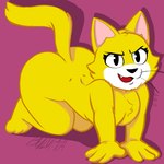 all_fours anthro ass_up breasts butt crossgender fangs female fur looking_at_viewer nude pupils simple_background slit_pupils small_breasts smile solo teeth yellow_body yellow_fur bulluppa hanna-barbera top_cat_(series) top_cat domestic_cat felid feline felis mammal signature