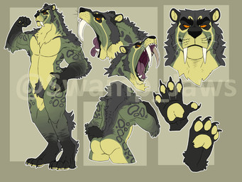anthro armpit_hair big_fangs black_body black_fur body_hair butt fangs fingerpads front_view fur green_body green_fur grey_body grey_fur huge_fangs looking_at_viewer male multicolored_body multicolored_fur nude open_mouth orange_eyes pawpads pupils rear_view red_tongue slit_pupils solo standing teeth tongue yellow_body yellow_fur yellow_pawpads swampjaws swamp_jaws_(imperatorcaesar) felid mammal 4:3 absurd_res hi_res model_sheet