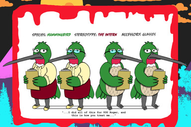 1980s_theme accessory_only anthro blood blouse bodily_fluids bottomwear bright_colors casual_nudity chest_tuft clipboard clothing dress_shoes eyewear feathers female frown glasses green_body head_tuft horror_(theme) humor long_beak no_genitals nude quote red_accents skirt solo text topwear tuft white_accents alystairphantem the_party_animals karen_featherstone_(the_party_animals) apodiform avian bird hummingbird 3:2 absurd_res english_text hi_res model_sheet