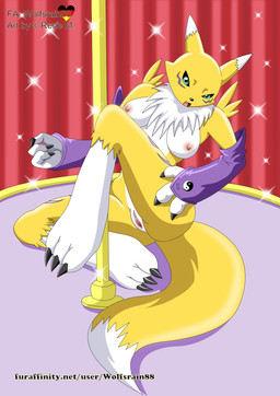 anthro black_sclera breasts butt chest_tuft clitoris countershading dipstick_tail female fur genitals markings multicolored_body multicolored_fur multicolored_tail nipples pole solo tail tail_markings text tuft two_tone_body two_tone_fur two_tone_tail vulva white_body white_fur white_tail yellow_body yellow_fur yellow_tail yin_yang wolfsrain88 bandai_namco digimon canid canine digimon_(species) mammal renamon hi_res url