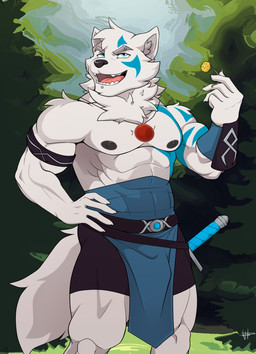 anthro armband armor blue_eyes claws clothed clothed_male clothing dandelion day finger_claws flower fur hand_on_hip holding_flower holding_object jewelry male male_anthro melee_weapon muscular muscular_male neck_tuft necklace outside plant solo standing sword topless topless_male tuft vambrace weapon white_body white_fur wolfybuns far_beyond_the_world_(series) tano_(far_beyond_the_world) canid canine canis mammal wolf 2021 hi_res