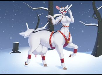 anthro antlers big_breasts big_teats black_bars black_border black_markings border breasts breasts_and_teats bridle clothing featureless_breasts female fur hair holidays hooves horn looking_at_viewer markings night nipples outside pink_nipples plant smile snow snowing solo standing teats tree white_body white_fur winter sergaljujube christmas deer mammal taur hi_res