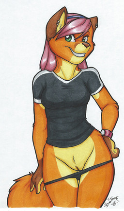 accessory anthro bangs biped black_clothing black_panties black_shirt black_t-shirt black_topwear black_underwear blue_accessory blue_headband breasts brown_body brown_ears brown_markings brown_nose clock clothed clothed_anthro clothed_female clothing clothing_pull countershade_arms countershade_face countershade_fur countershade_hands countershade_legs countershade_neck countershade_torso countershading ear_piercing facial_markings female female_anthro fingers fur genitals gloves_(marking) green_eyes grin grinning_at_viewer hair head_markings headband humanoid_genitalia humanoid_vulva iris looking_at_viewer markings medium_breasts medium_hair monotone_hair multicolored_body multicolored_fur orange_body orange_fur orange_tail panties panties_down panty_pull partially_clothed partially_clothed_anthro partially_clothed_female piercing pink_hair pose pupils shirt simple_background smile smiling_at_viewer solo t-shirt tail topwear underwear underwear_down underwear_pull vulva watch white_background white_sclera wristwatch yellow_body yellow_countershading yellow_fur yellow_inner_ear os brandi_(os) canid canine fox mammal colored marker_(artwork) pinup portrait signature three-quarter_portrait traditional_media_(artwork)