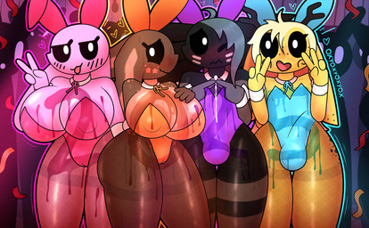 4_fingers ahoge anthro bangs big_breasts big_butt biped black_body black_sclera blonde_hair blush bodily_fluids breasts brown_body bulge bunny_costume butt camel_toe clothed clothing costume cum emanata facial_markings female femboy fingers floppy_ears freckles front_view genital_fluids genitals gesture glistening glistening_breasts grey_hair group hair hand_gesture hand_on_breast head_markings heart_symbol horn huge_breasts lineup long_ears looking_at_viewer lop_ears male markings monotone_body narrowed_eyes open_mouth open_smile outline paint penis pink_body ribbons silhouette smile standing text thick_thighs tongue tongue_out v_sign white_eyes wide_hips yellow_body oxyoxyoxyox cinnamon_(oxyoxyoxyox) licorice_(oxyoxyoxyox) marshmallow_(oxyoxyoxyox) toffee_(oxyoxyoxyox) amphibian aquatic axolotl deer lagomorph leporid mammal mole_salamander rabbit salamander 2025 artist_name digital_drawing_(artwork) digital_media_(artwork) hi_res