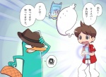 anthro bodily_fluids brown_hair clothing fur group hair hat headgear headwear male speech_bubble sweat teal_body teal_fur text trio nollety disney level-5 phineas_and_ferb yo-kai_watch nathan_adams perry_the_platypus whisper_(yo-kai_watch) ghost human mammal monotreme platypus spirit crossover japanese_text translated