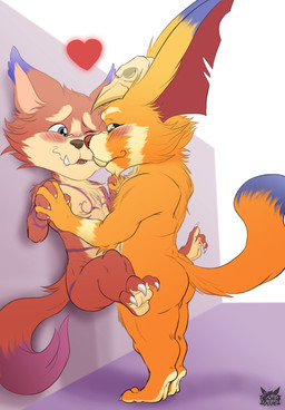 4_fingers against_surface against_wall anthro barefoot big_teeth black_sclera blue_body blue_eyes blue_fur blush blush_lines brown_nose butt chest_tuft claws clothing countershading curling_toes cut_ear duo ear_markings eye_contact face_to_face facial_markings fangs feet fingers fur hand_holding head_markings headgear headwear heart_symbol intersex intersex/intersex long_tail looking_at_another male markings multicolored_body multicolored_fur nails nude one_eye_closed orange_body orange_fur passionate purple_body purple_fur red_body red_fur red_nose side_view simple_background smile spread_legs spreading standing tail tail_markings tapering_tail tattoo teeth tiptoes tuft underbite white_background fennephilim_fox league_of_legends riot_games tencent fan_character gnar_(lol) yordle hi_res