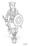 anthro axe boots bottomwear braided_hair clothed clothing female footwear fully_clothed hair holding_object holding_shield holding_weapon looking_aside melee_weapon pants pigtails shield shoes simple_background solo standing topwear weapon rabbi-tom red_shetland equid equine horse mammal pony shetland_pony 2021 greyscale monochrome