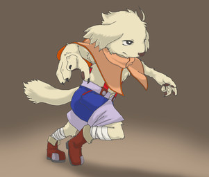 4_fingers anthro clothing fingers floppy_ears footwear fur handpaw kemono male overalls paws shoes solo suspenders white_body white_fur young young_anthro young_male tsuchinoko_(artist) shiroppu_(tsuchinoko) canid canine canis domestic_dog mammal 2015 absurd_res hi_res japanese_description