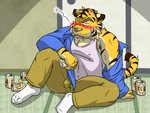 anthro belly bottomwear clothed clothing drunk humanoid_hands kemono male open_clothing open_shirt open_topwear overweight overweight_anthro overweight_male pants shirt sitting solo substance_intoxication topwear oogamikennta felid mammal pantherine tiger 2011 4:3