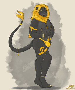anthro arm_tattoo black_body black_fur black_nipples black_nose blonde_hair bulge clothing cross digitigrade ear_piercing ear_ring eyeliner flexing fur glistening glistening_hair gold_(metal) gold_jewelry gold_tooth hair hand_on_hip jewelry leg_tattoo makeup male mane melanistic muscular muscular_male navel navel_piercing nipples pecs piercing ring_piercing solo speedo swimwear tattoo thick_thighs yellow_body yellow_eyes yellow_fur yannirosegold yanni felid lion mammal pantherine absurd_res adobe_photoshop_(artwork) digital_media_(artwork) full-length_portrait hi_res portrait