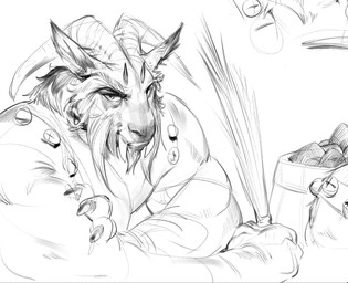 anthro big_fangs cheek_tuft facial_tuft fangs holidays horn male male_anthro mouth_closed muscular muscular_anthro muscular_male simple_background solo teeth tuft darkgem christmas krampus bovid caprine goat mammal bust_portrait monochrome portrait sketch