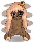 accessory anthro bell black_eyes blonde_hair brown_body facial_markings female flat_chested front_view genitals hair hair_accessory head_markings kneeling long_hair looking_at_viewer markings navel nipples nude pussy simple_background smile solo young young_anthro young_female anonjg ankama dofus dofus:_book_i_judith dofus:_kerub's_bazaar lilotte canid canine canis domestic_dog mammal ouginak hi_res